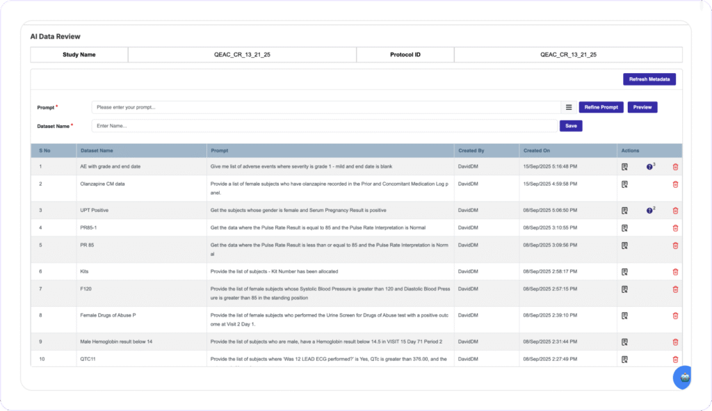Clinion software's AI Data Review interface.