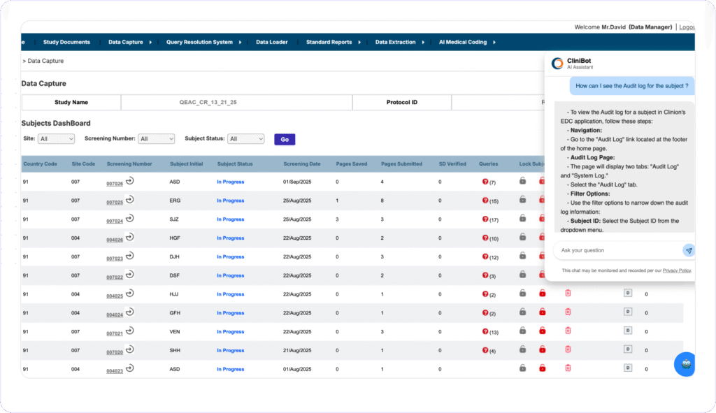 Clinion software's CliniBot AI assistant interface.