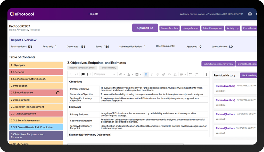 Clinion's eProtocol automation software interface, showing an AI-powered tool for generating compliant clinical trial protocols.