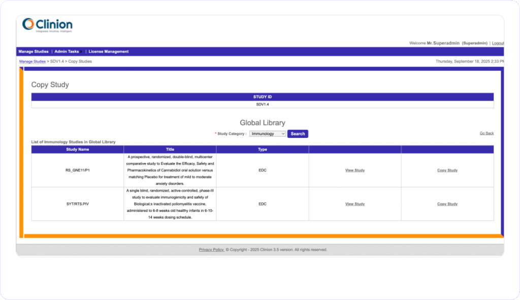 Clinion software's Global Library interface.