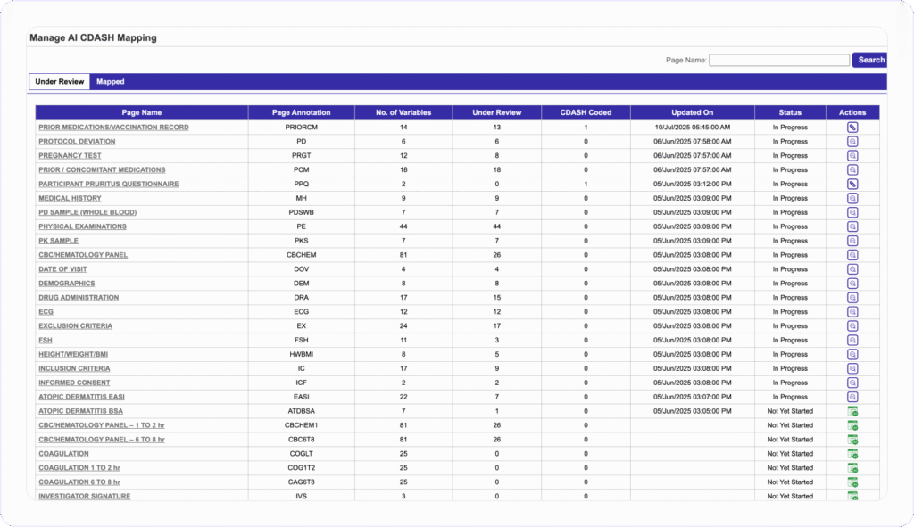 Clinion software's AI CDASH Mapping interface, showing a list of study pages.