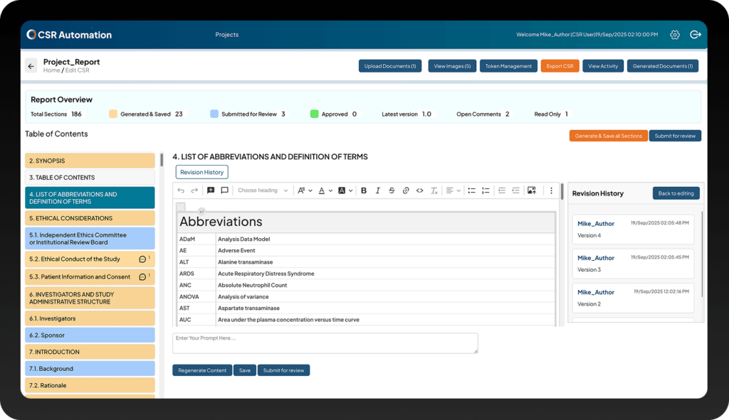 CSR Automation with GenAI: Screenshot of 'Abbreviations' list (ADaM, AE, ARDS, AUC) for Clinical Study Report.
