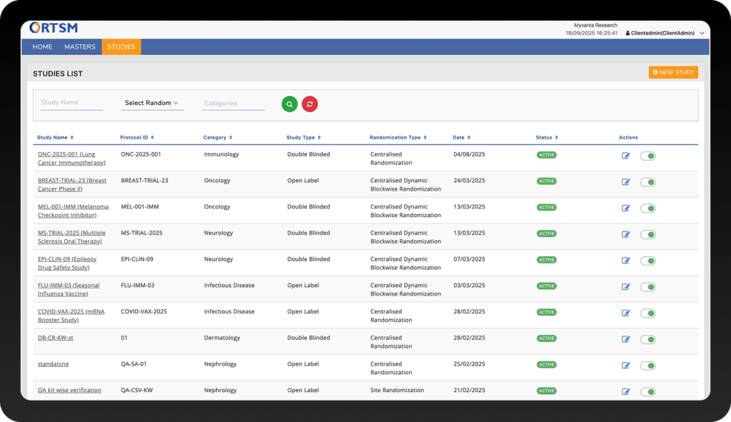 Clinion RTSM dashboard showing a list of clinical studies with details on randomization type, protocol ID, category, and status.